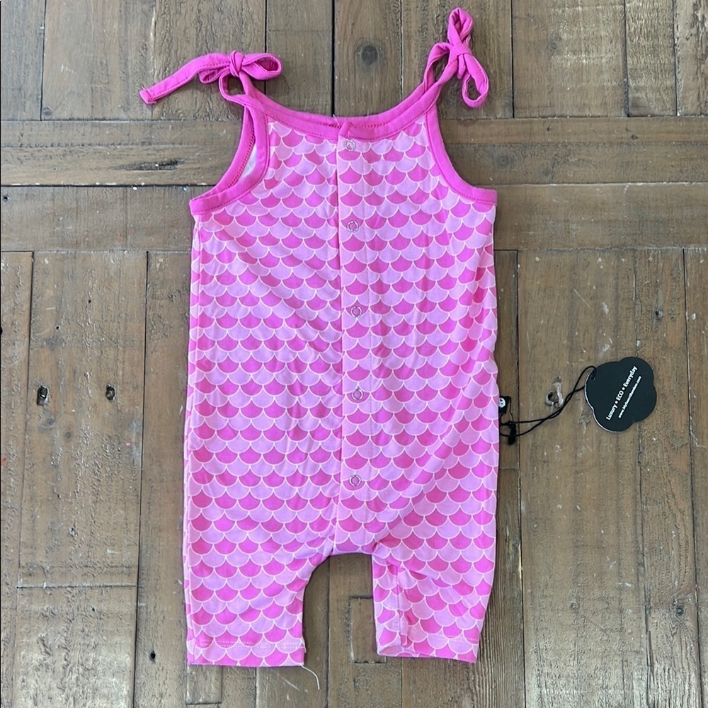Sweet bamboo pink scallop mermaid scale bamboo short tie strap romper nwt